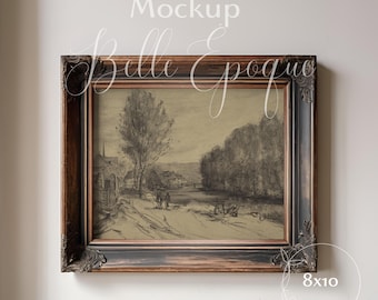 May include: An 8x10 inch framed landscape art print. The artwork is a charcoal drawing of a rural scene with trees, a road, and figures. The frame is dark brown with decorative corner accents.