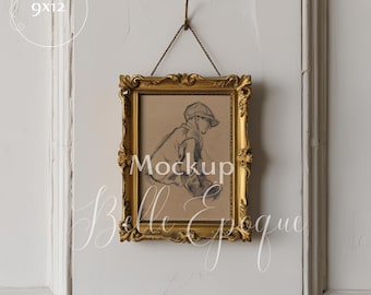 Vertical Golden Frame Mockup | Vintage Golden Frame On A White Plaster Wall | PSD Template With Smart Object For Wall Art | Castlecore