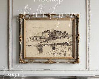 May include: A framed black and white sketch of a city with bridges and buildings. The frame is gray with gold accents and the text "Belle Epoque" and "Mockup" are visible. The dimensions are 24x30 inches.