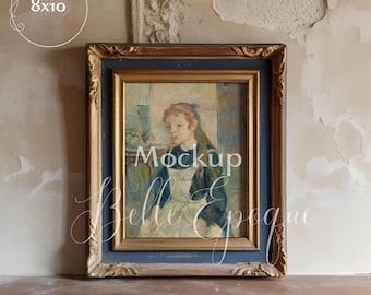 8x10 Vertical Frame Mockup | Vintage Gold And Blue Frame | PSD Template With Smart Object For Wall Art | Castlecore