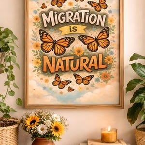 Pode incluir: Uma impressão artística emoldurada com as palavras "MIGRATION is NATURAL" e ilustrações de borboletas monarca. A obra de arte está em uma moldura de madeira e é cercada por flores e borboletas. Um vaso de girassóis e margaridas está em uma mesa de madeira.