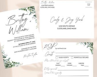 Lot de faire-part de mariage eucalyptus : modèle de toile de verdure minimaliste (téléchargement numérique)