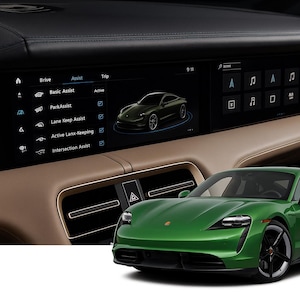 May include: A green sports car is featured, showcasing its sleek design. The interior displays a digital dashboard with navigation and driver assistance features. The car's exterior is a vibrant green, with black wheels and a modern aesthetic.