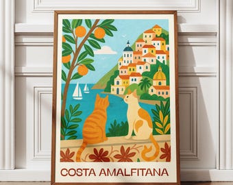 Positano Cat Print: Italian Coastal Art Illustration (Digital Download)
