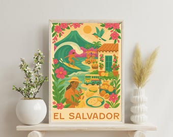 El Salvador Travel Poster: Vintage El Tunco Beach & Pupusas (Digital Download)