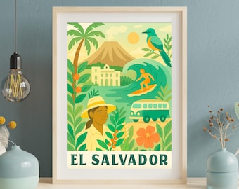 El Salvador Coffee Culture Poster: Vintage Travel Art Print (Digital Download
