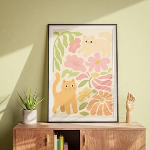 Cute Cat Printable Wall Art – Boho Floral Cat Poster, Minimal Animal Nursery Decor, Digital Download for Kids Room, Aesthetic Pet Art Print