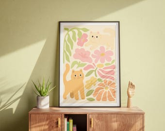 Cute Cat Printable Wall Art – Boho Floral Cat Poster, Minimal Animal Nursery Decor, Digital Download for Kids Room, Aesthetic cat Art Print