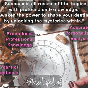 May include: An astrological chart with handwritten notes, surrounded by autumnal leaves and crystals. Text includes "Success in all realms of life begins with profound self-knowledge." and "20 Years of Experience."