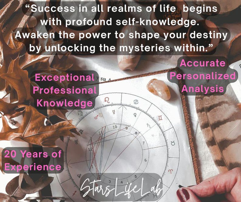 May include: An astrological chart with handwritten notes, surrounded by autumnal leaves and crystals. Text includes "Success in all realms of life begins with profound self-knowledge." and "20 Years of Experience."