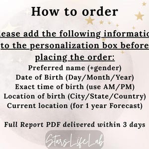 May include: A graphic with the text "How to order" and instructions for providing personal information, including name, birthdate, time, and location, for a personalized report. The report is delivered as a PDF within 3 days.