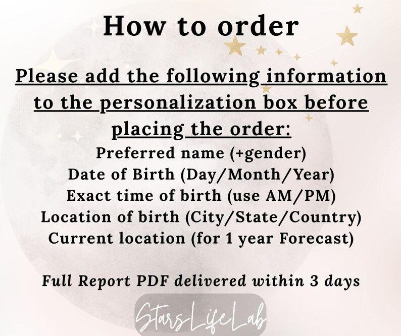May include: A graphic with the text "How to order" and instructions for providing personal information, including name, birthdate, time, and location, for a personalized report. The report is delivered as a PDF within 3 days.