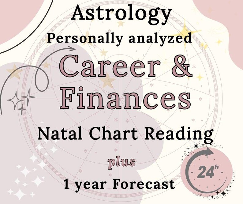 May include: A pink and cream graphic with the words "Astrology" and "Career & Finances." The image includes text that reads "Personally analysed," "Natal Chart Reading," and "1 year Forecast." A 24-hour symbol is also present.