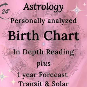 May include: A pink background with an astrological chart. Text includes "Astrology," "Birth Chart," "In Depth Reading," and "1 year Forecast." A clock graphic shows "24 hours."