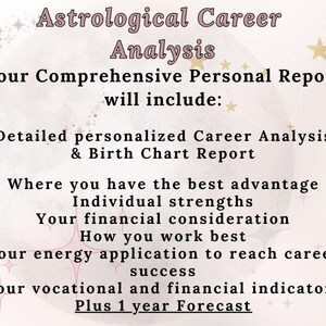 May include: A light beige graphic with the text "Astrological Career Analysis". The text lists the contents of a personal report, including career analysis, birth chart report, individual strengths, and financial considerations. The background has star and constellation designs.