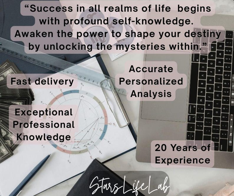 May include: An image showing a laptop, a chart with circular diagrams, and a deck of cards. Text includes "Success in all realms of life begins..." and "Fast delivery, Exceptional Professional Knowledge, Accurate Personalized Analysis, 20 Years of Experience."
