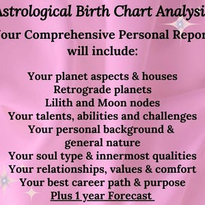 May include: A pink background with the text "Astrological Birth Chart Analysis". The text lists the contents of a personal report, including planet aspects, retrograde planets, talents, and career path.