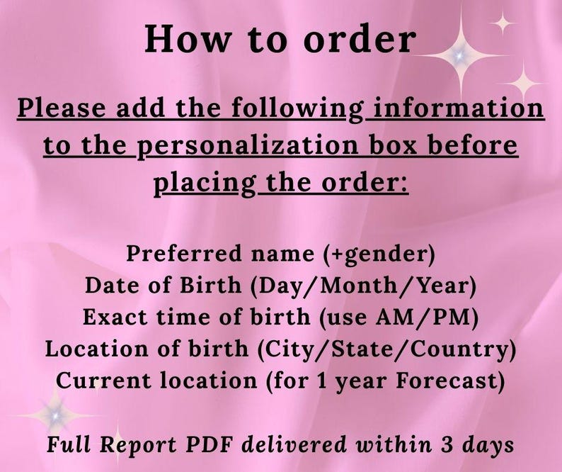 May include: A pink background with text that reads "How to order." The instructions ask for preferred name, date of birth, time of birth, and locations to be added to the personalization box before ordering. A full report PDF is promised within 3 days.