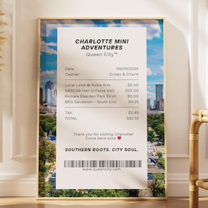Modern Charlotte Receipt Printable Wall Art Trendy Charlotte NC Poster College Dorm Print Charlotte Apartment Wall Decor Digital Download