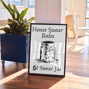 Swear Jar druckbare 5-Cent-Schwöre-Glas-Zeichen-Hausregeln-Wand-Kunst-lustige digitaler Download Familienregeln-Dekor-Sofort-Download