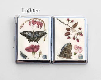 Art Nouveau Cigarette Case with Built-In Lighter – Chrome Metal, Epoxy Design on Back, Fits Up to 50mm Mini/Short Cigarettes