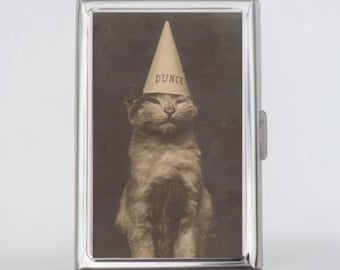 Dunce Cigarette Case OR Card Holder - Funny Cat Art, Funny Cats, Vintage Cat Poster, Dunce Cat, Cigarette Case, Business Card, ID Holder