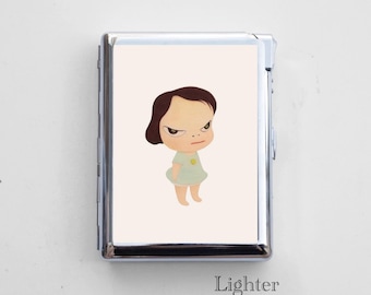 Nara Cigarette Case with Built-In Lighter – Chrome Metal, Epoxy Design on Back, Fits Up to 50mm Mini/Short Cigarettes