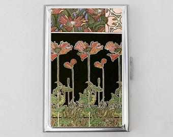 Jugendstil-sigarettenkoker OF-kaarthouder - klaprozen, portemonnee bloemen, zilveren portemonnee, reizen, kunst aan de muur sigarettenkoker, visitekaartje, ID-houder