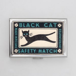 Black Cat MAtchbox Cigarette Case OR Card Holder - Matchbox Case, Zigarettenetui Art Cigarette Case, Business Card, ID Holder