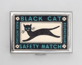 Black Cat MAtchbox Cigarette Case OR Card Holder - Matchbox Case, Zigarettenetui Art Cigarette Case, Business Card, ID Holder