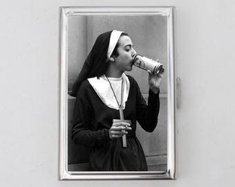 Nuns Drinking Cigarette Case OR Card Holder - Matchbox Case, Zigarettenetui Art Cigarette Case, Business Card, ID Holder