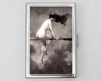 Nude on Broom Cigarette Case OR Card Holder - Nude Witch, Departure For The Sabbath Poster Print, Naked Witch On Broomstick Flying, Business