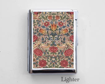 Art Noveau Cigarette Case with Built-In Lighter – Chrome Metal, Epoxy Design on Back, Fits Up to 50mm Mini/Short Cigarettes