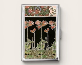 Jugendstil Zigarettenetui ODER Kartenhalter - Poppies, Floral Brieftasche, Silber Geldbörse, Reise, Wandkunst Zigarettenetui, Visitenkarte, Ausweishalter