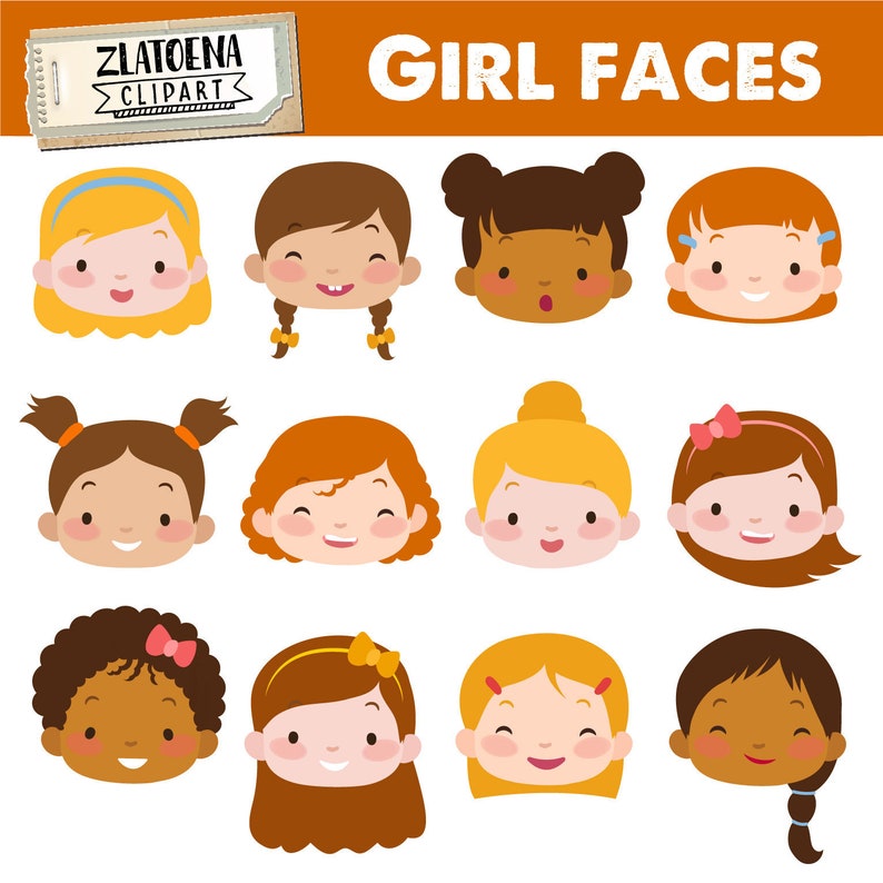 Cute Girl Faces clipart Kids Faces Digital Clipart Cute Kids Etsy