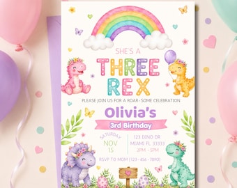 Three Rex 3rd Birthday Invitation, Pastel Dinosaur Girl Party Invite (Digital Download)
