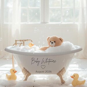 May include: A vintage-style white bathtub with gold accents, filled with bubbles and a teddy bear. Two rubber duckies and the text "Baby Whitmore, August 2026" are also visible. The scene is set in a bright, airy room.