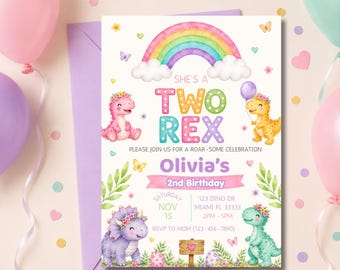 Szablon zaproszenia urodzinowego dla dwojga Rexów, edytowalne zaproszenie dla dziewczynki z dinozaurem, pastelowa tęcza na drugie urodziny Canva
