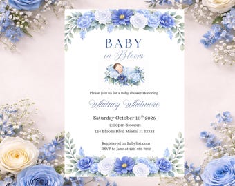 May include: Baby shower invitation with floral accents. The invitation features the text "BABY in Bloom" and details for a baby shower honoring Whitney Whitmore on October 10th, 2026. The design includes blue and white flowers.