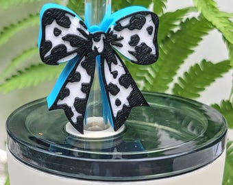 Cow Print Bow Straw Topper | 3D Printed Straw Toppers | PLA | Holiday and Seasonal Drink Accessories | Cute Reusable Cup Decor | Stanley Cup