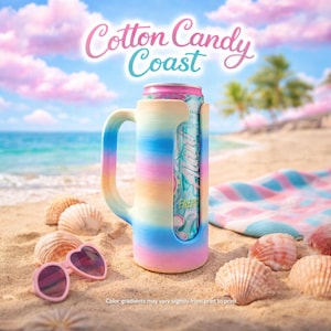 May include: A colorful can cooler with a handle, holding a beverage can, sits on a sandy beach. The cooler features a pastel rainbow gradient design. Heart-shaped sunglasses and seashells are in the foreground. The text "Cotton Candy Coast" is displayed above.