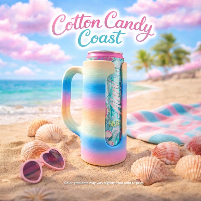 May include: A colorful can cooler with a handle, holding a beverage can, sits on a sandy beach. The cooler features a pastel rainbow gradient design. Heart-shaped sunglasses and seashells are in the foreground. The text "Cotton Candy Coast" is displayed above.