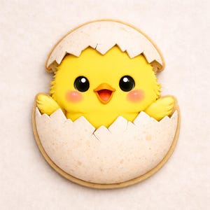 Puede incluir: Un pollito amarillo saliendo de una cáscara de huevo agrietada. El pollito tiene grandes ojos negros, un pico naranja brillante y mejillas rosadas. La cáscara del huevo es blanquecina con un borde marrón claro, un diseño alegre con temática de Pascua.