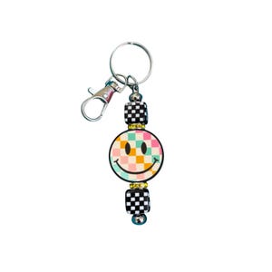 Checkerboard Smiley Face Keychain – Retro Happy Face Keychain, Colorful Beaded Keychain, Fun Purse Charm, Gift for Her, Groovy Key Ring