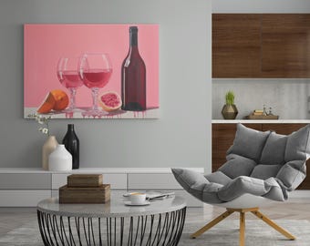 Bold wine art print: red wine bottle, glasses, citrus fruit on pink, dripping style – modern still life wall decor for kitchen or bar.