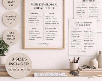 Cheatsheet voor webontwikkelaar afdrukbaar | JavaScript-reageer CSS-poster | Codering kunst aan de muur | Programmeur kantoorinrichting | Direct downloaden