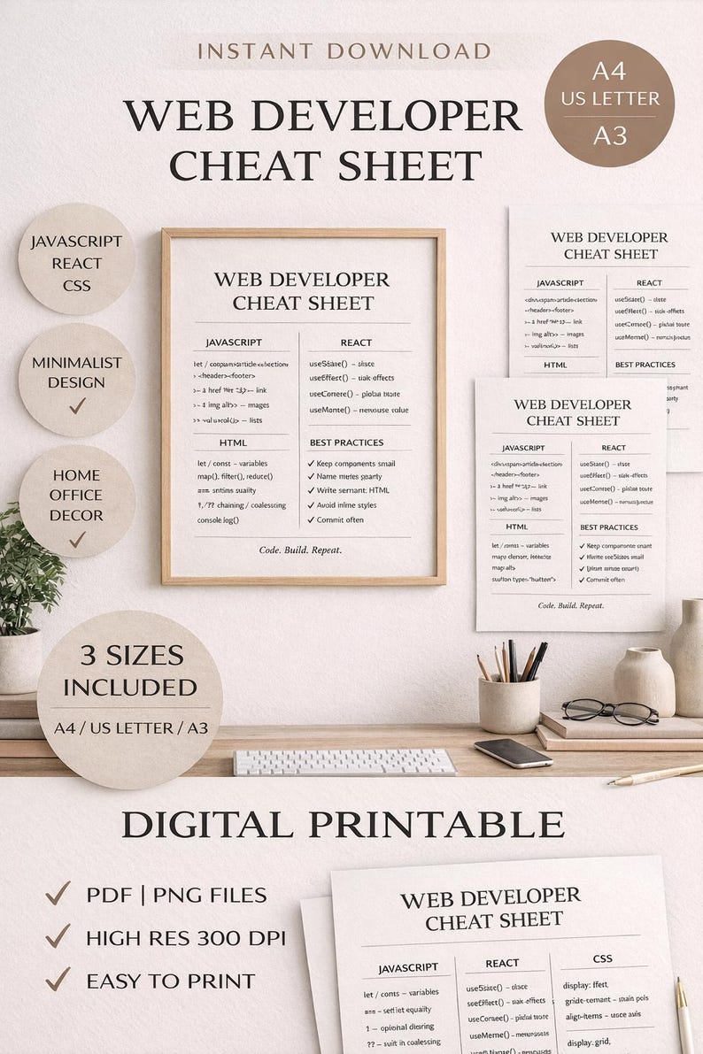 Web Developer Cheat Sheet Printable | Javascript React CSS Poster ...
