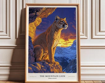 Könnte beinhalten: Eine Illustration im Vintage-Stil eines Berglöwen, auch bekannt als Puma, der auf einem felsigen Vorsprung sitzt, vor dem Hintergrund eines Sonnenuntergangs über einem Gebirge. Der Text "THE MOUNTAIN LION (Puma concolor)" ist unter dem Bild gedruckt.