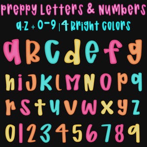Preppy Letters and Numbers PNG Bundle, Bright Doodle Alphabet Clipart, Colorful A-Z a-z 0-9 PNG Font, Teacher Craft Gift, 4 sets