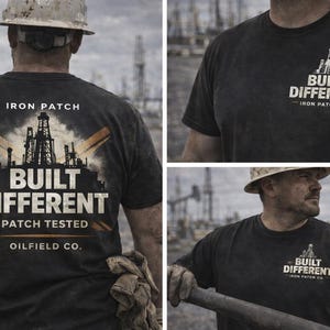 May include: Black t-shirt with the text "BUILT DIFFERENT" and an oil rig graphic. The shirt also features the text "IRON PATCH" and "OILFIELD CO.". The shirt is worn by a person in a hard hat.